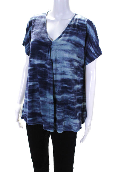 Donna Karan New York Womens Short Sleeve V Neck Abstract Shirt Blue Size Large