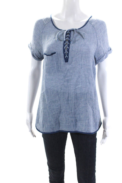 Frame Shirt Womens Short Sleeve Lace Up Scoop Neck Blouse Blue Size M