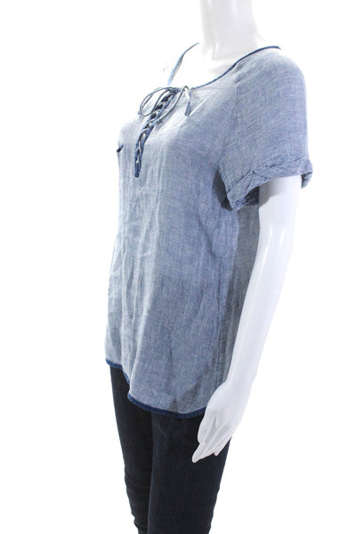 Frame Shirt Womens Short Sleeve Lace Up Scoop Neck Blouse Blue Size M