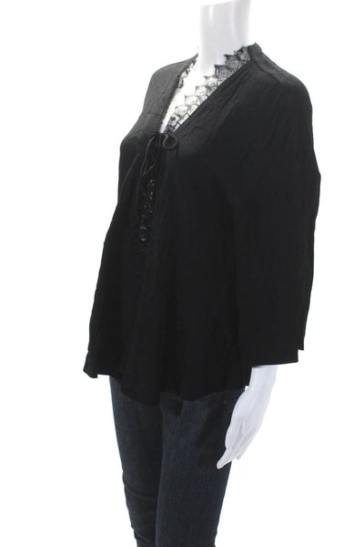 IRO Womens Tied Lace Up V Neck Lace Trim 3/4 Sleeved Blouse Top Black Size 36