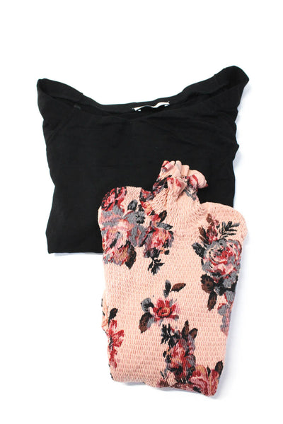 Zara Womens Floral Long Sleeved Slim Mock Neck Blouses Pink Black Size S Lot 2