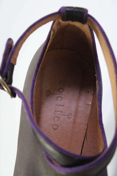 Coclico Womens Gray Purple Trim Leather High Heels Mary Jane Shoes Size 8