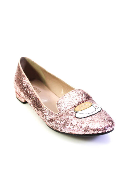 CHIARA FERRAGNI Womens Pink Glittery Graphic Print Flat Loafer Shoes Size 8