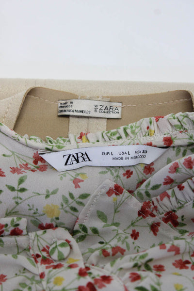 Zara Womens Floral Print Ruffled Buttoned-Up Dresses Beige Size M L Lot 2