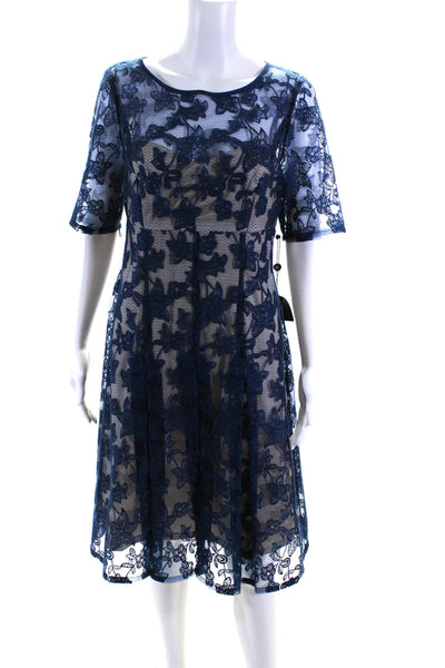 Adrianna Papell Women's Short Sleeves Lace A-Line Midi Dress Navy Blue Size 10