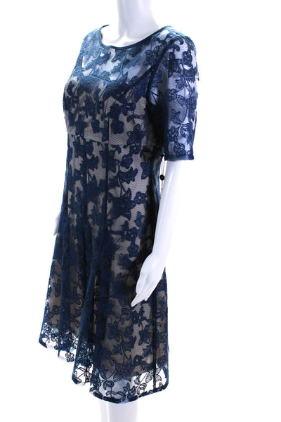 Adrianna Papell Women's Short Sleeves Lace A-Line Midi Dress Navy Blue Size 10