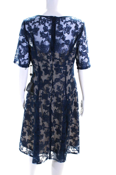 Adrianna Papell Women's Short Sleeves Lace A-Line Midi Dress Navy Blue Size 10