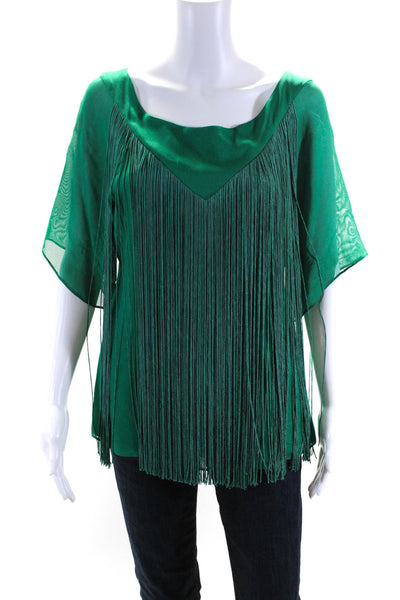 Jay Godfrey Womens Short Sleeve V Neck Fringe Blouse Green Size 2