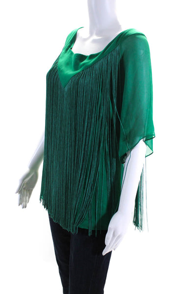 Jay Godfrey Womens Short Sleeve V Neck Fringe Blouse Green Size 2