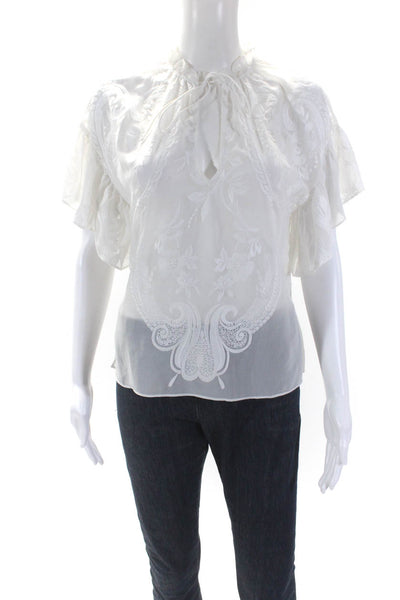 Alice + Olivia Womens White Floral Ruffle V-Neck Short Sleeve Blouse Top Size XS