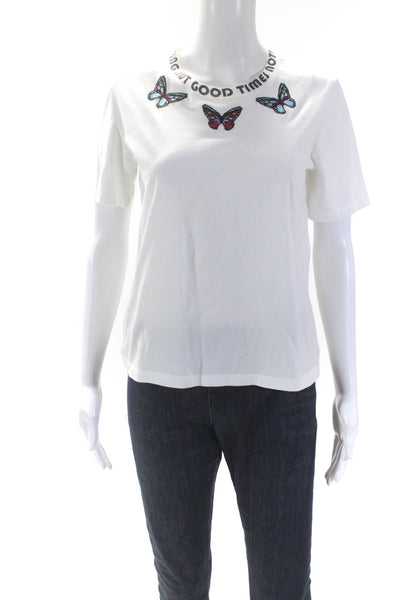 Maje Womens White Cotton Butterfly Applique Crew Neck Tee Top Size 1