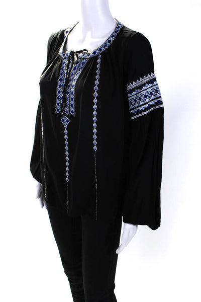 Parker Womens Embroidered Key Hole Neck Blouse Black Blue Size Small