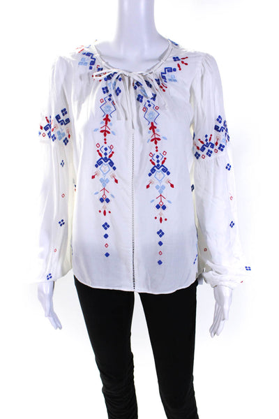Parker Womens Embroidered Key Hole Neck Long Sleeves Blouse White Size Extra Sma