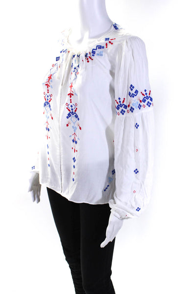 Parker Womens Embroidered Key Hole Neck Long Sleeves Blouse White Size Extra Sma