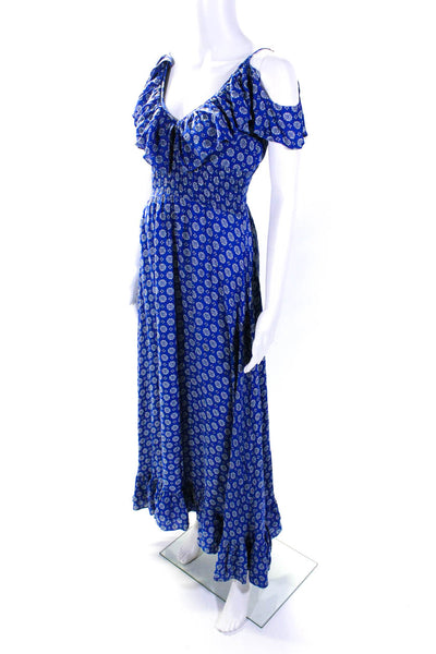 Misa Womens Spotted Print Ruffled Smocked Slip-On V-Neck Maxi Dress Blue Size XS