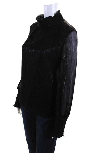 Jay Godfrey Womens Metallic Long Sleeve High Neck Smocked Blouse Black Size 2