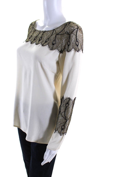 Jay Godfrey Womens Silk Long Sleeve Lace Trim Boat Neck Blouse Beige Size 2