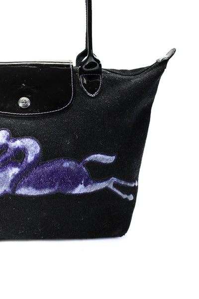 Longchamp Womens Black Embroidered Flap Small Shoulder Bag Handbag