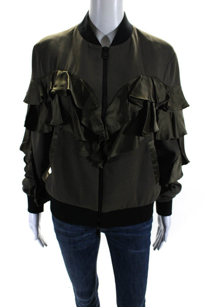 Cinq A Sept Womens Ruffled Accent Zippered Bomber Jacket Green Black Size S