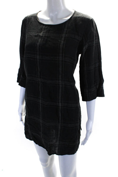 Eileen Fisher Womens Short Sleeve Plaid Round Neck Linen Shirt Black Size PL