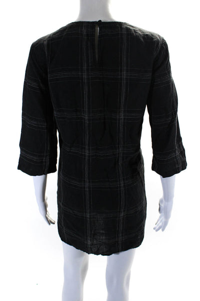 Eileen Fisher Womens Short Sleeve Plaid Round Neck Linen Shirt Black Size PL