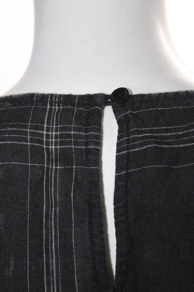 Eileen Fisher Womens Short Sleeve Plaid Round Neck Linen Shirt Black Size PL