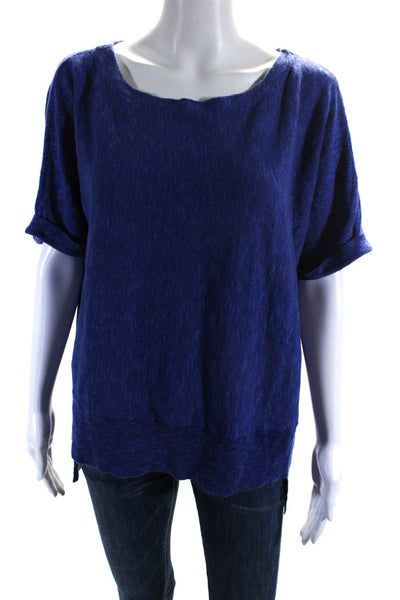 Eileen Fisher Womens Short Sleeve Scoop Neck Linen Knit Tee Shirt Blue Medium