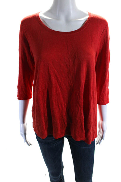 Eileen Fisher Womens 3/4 Sleeve Scoop Neck Linen Tee Shirt Red Size Large