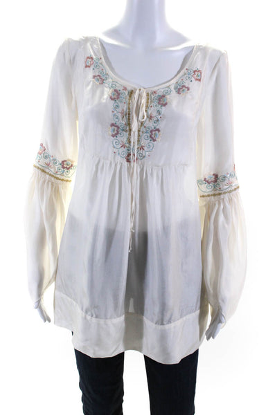 Blumarine Womens White Floral Print Embroidered Scoop Neck Blouse Top Size 42