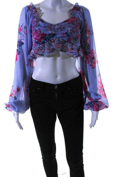 House of Harlow 1960 Womens Floral Print Cropped Blouse Blue Pink Size Small