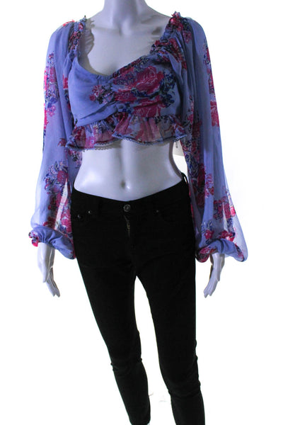House of Harlow 1960 Womens Floral Print Cropped Blouse Blue Size Medium