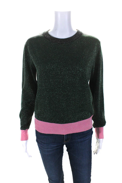 529 Womens Metallic Color Block Crew Neck Sweater Green Black Pink Size Medium