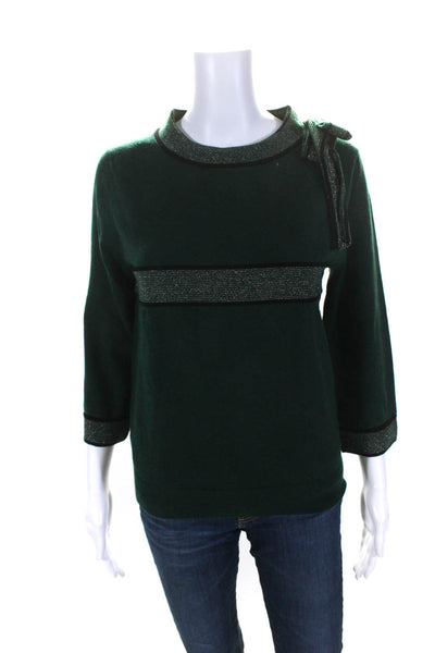 529 Womens Metallic Trim Crew Neck Bow Pullover Sweater Green Size Medium