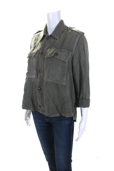 Amo Womens 3/4 Sleeve Twill Button Up Pocket Jacket Olive Green Size Small