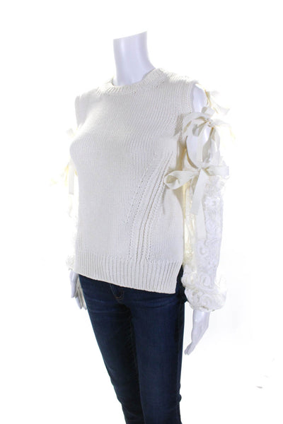 No. 21 Womens Lace Off Shoulder Thick Knit Crew Neck Sweater White Size Medium