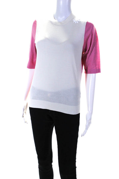 Marlowe Womens Cashmere Colorblock Embroidered Floral Blouse Top Pink Size S