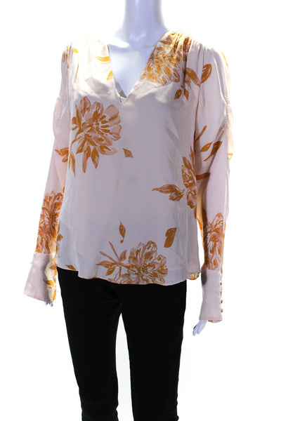 Joie Womens Blush Floral Print Silk V-Neck Long Sleeve Blouse Top Size M