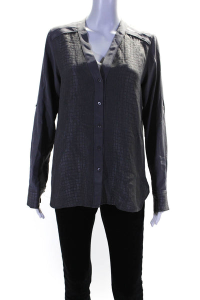 Vince Womens Gray Silk Reptile Skin V-Neck Print Long Sleeve Blouse Top Size S