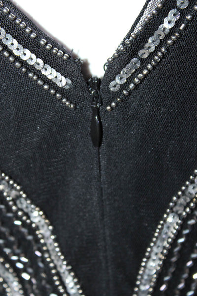 Adrianna Papell Womens Black Beaded Fringe V-Neck Short Sleeve Shift Dress Size6