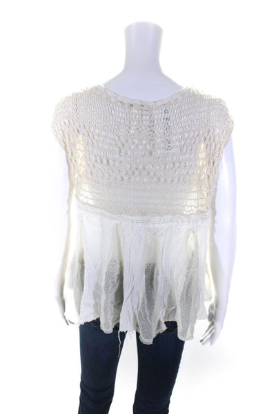 Free People Women's Round Neck Sleeveless Crochet Blouse Beige Size S