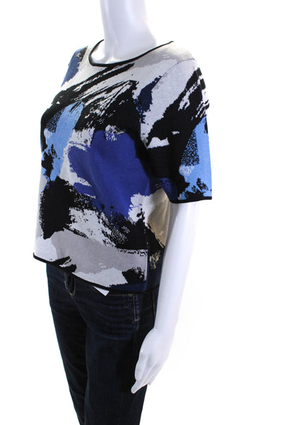 Milly Womens Abstract Print Short Sleeves Sweater Blue Grey Cotton Size Small