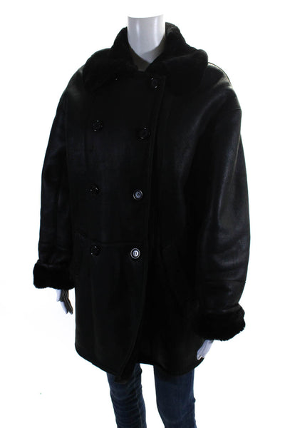 Designer Womens Leather Shearling Lined Button Down Overcoat Black Size L