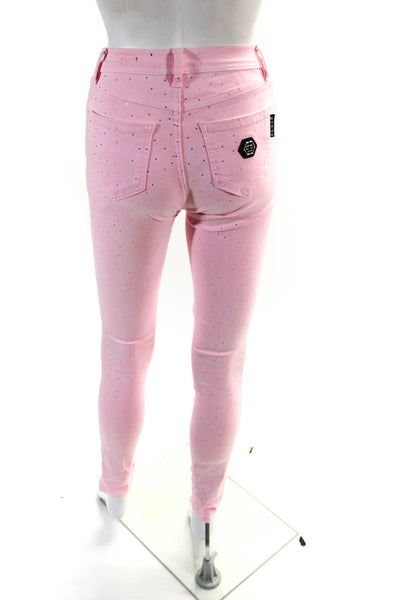 Phillip Plein Womens Cotton Jeweled Studded Button Skinny Pants Pink Size EUR25