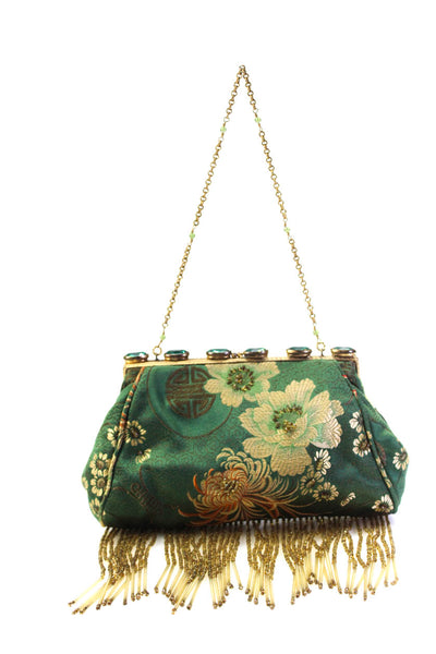 Revivals Womens Framed Floral Beaded Fringe Evening Clutch Pouch Handbag Green