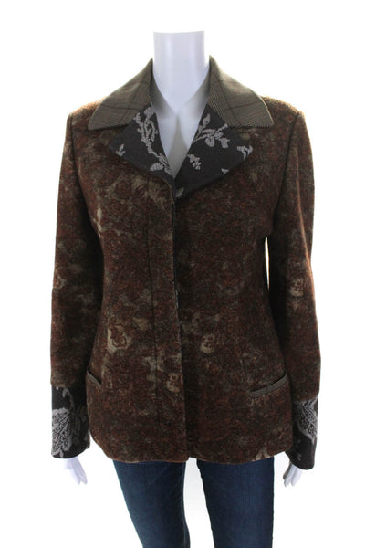 Kenzo Womens Brown Printed Wool Collar Long Sleeve Coat Jacket Size 42