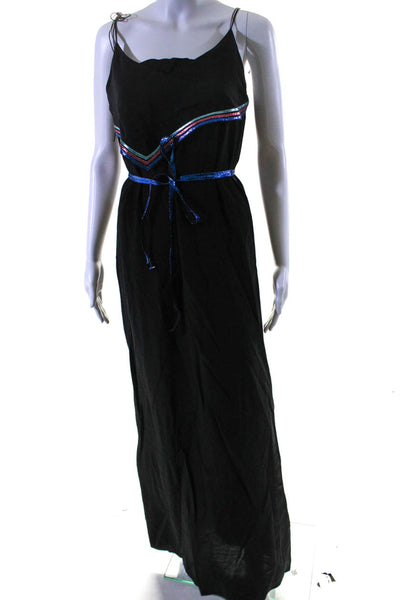 Elena Rudenko Womens Metallic Striped Halter Side Slit Silk Dress Black Small