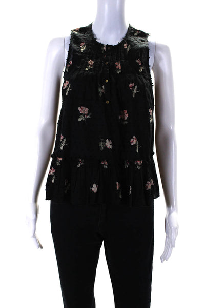 Ulla Johnson Womens Fil Coupe Floral Sleeveless Henley Top Blouse Black Size 0