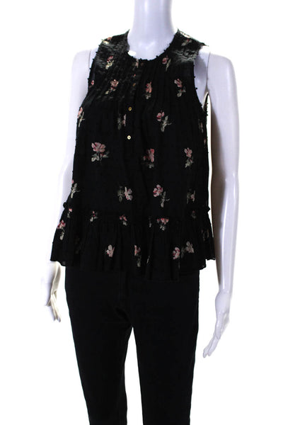 Ulla Johnson Womens Fil Coupe Floral Sleeveless Henley Top Blouse Black Size 0