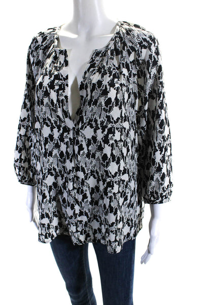 Joie Womens Silk Abstract Print V-Neck Long Sleeve Blouse Top White Size M