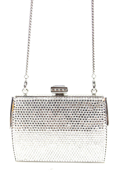 Judith Leiber Womens Pushlock Framed Micro Mini Crystal Crossbody Handbag Silver